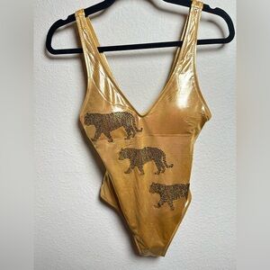 NWT / Judith March Gold Metallic One Piece Swimsuit with Tiger Design